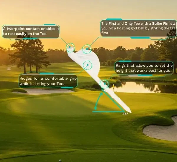 45-degree angle golf tee with ridges for grip and two-point contact, white color.