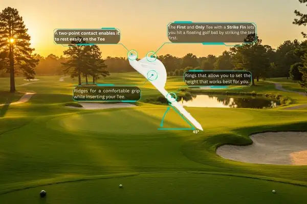 White golf tee with a strike fin and adjustable rings for height customization.